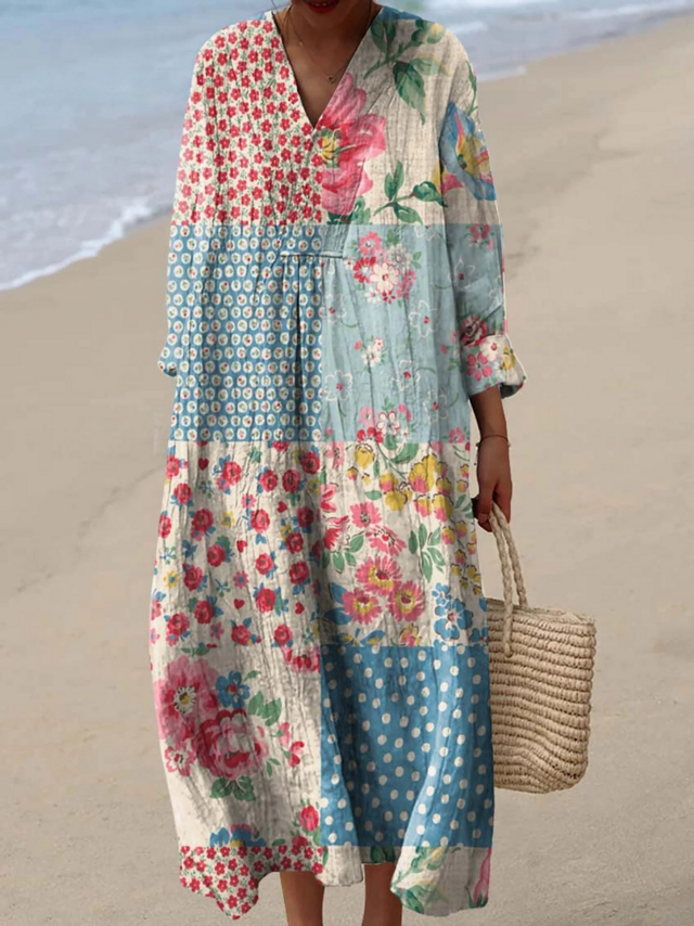 Clarisse | Sukienka w Stylu Vintage z Kwiatowym Wzorem Patchwork