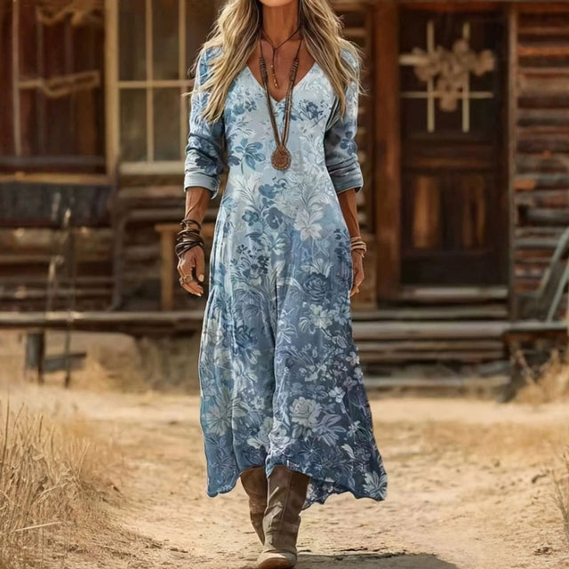Eliza | Sukienka w Kwiaty z Długim Rękawem w Stylu Vintage