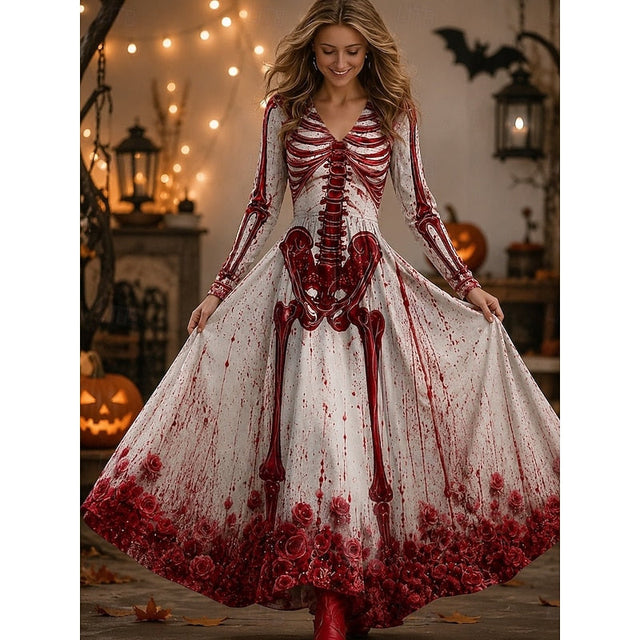 Seraphina | Sukienka Maxi z Wzorem Czaszki na Halloween