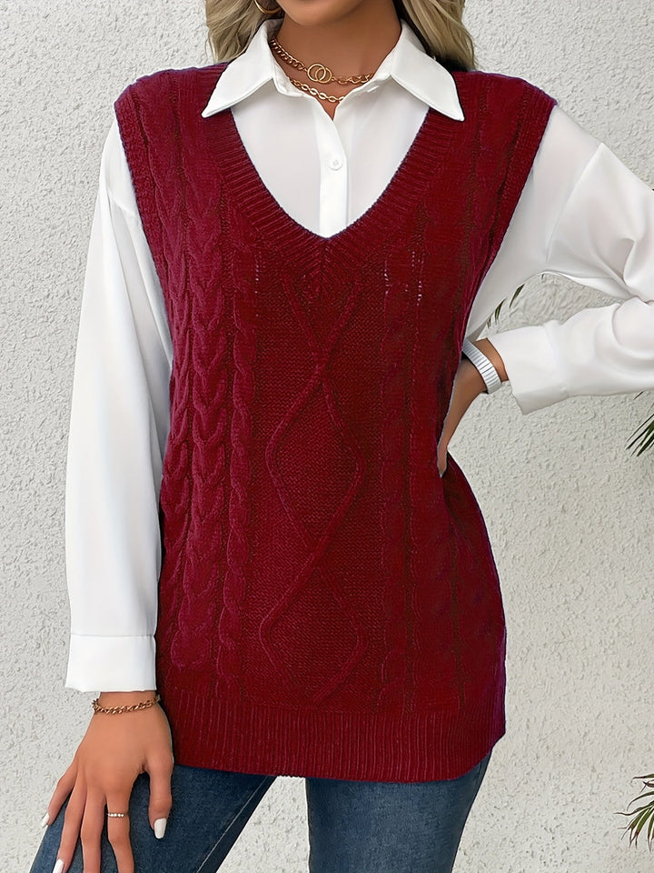 Cora | Przytulny Kamizelka Sweter w Warkocze z Dekoltem w Serek