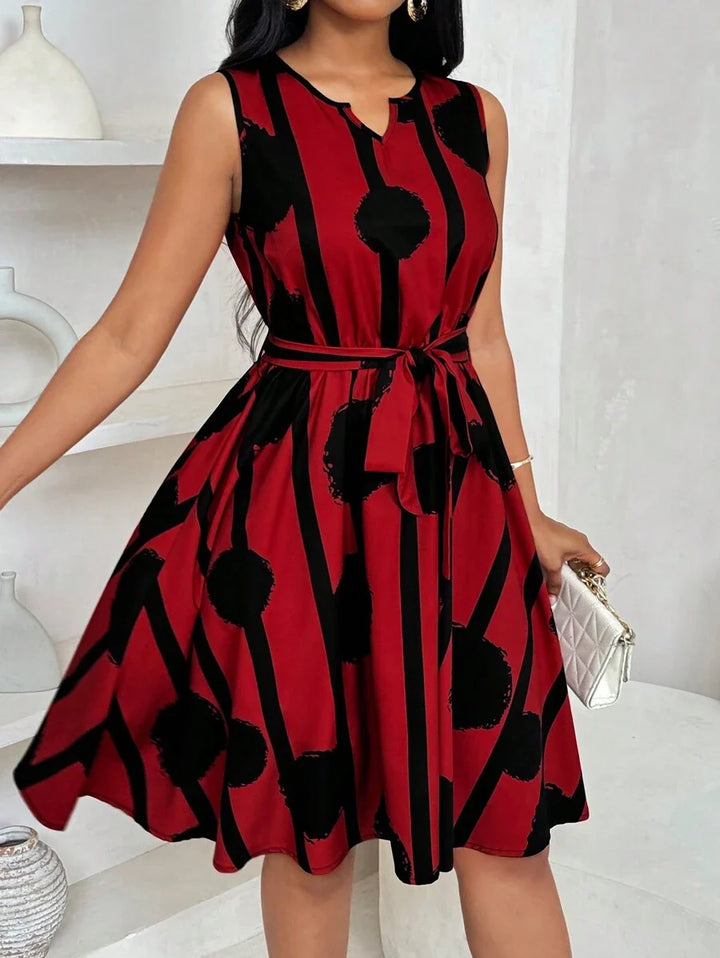 Vivienne | Elegancka Sukienka z Geometricznym Wzorem i Wiązaniem w Talii