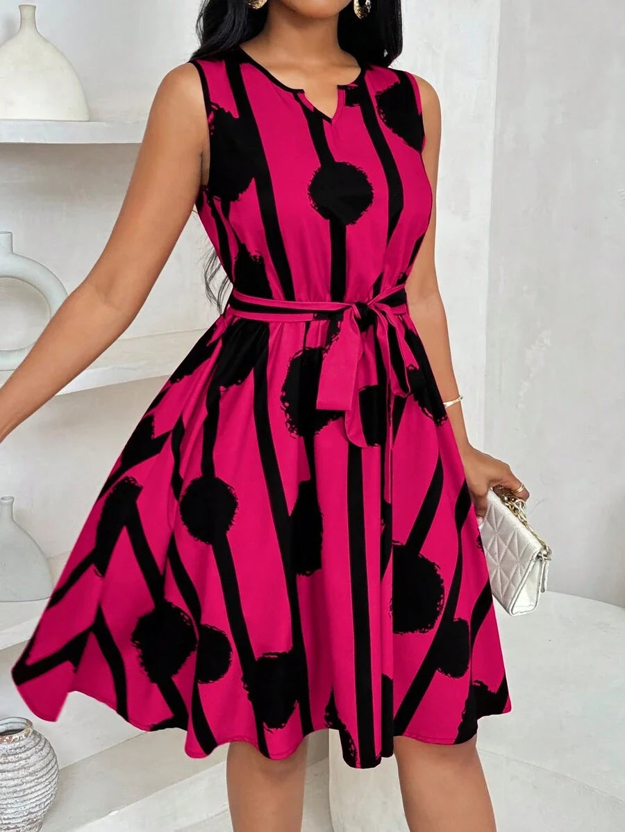 Vivienne | Elegancka Sukienka z Geometricznym Wzorem i Wiązaniem w Talii
