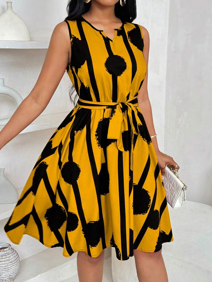 Vivienne | Elegancka Sukienka z Geometricznym Wzorem i Wiązaniem w Talii