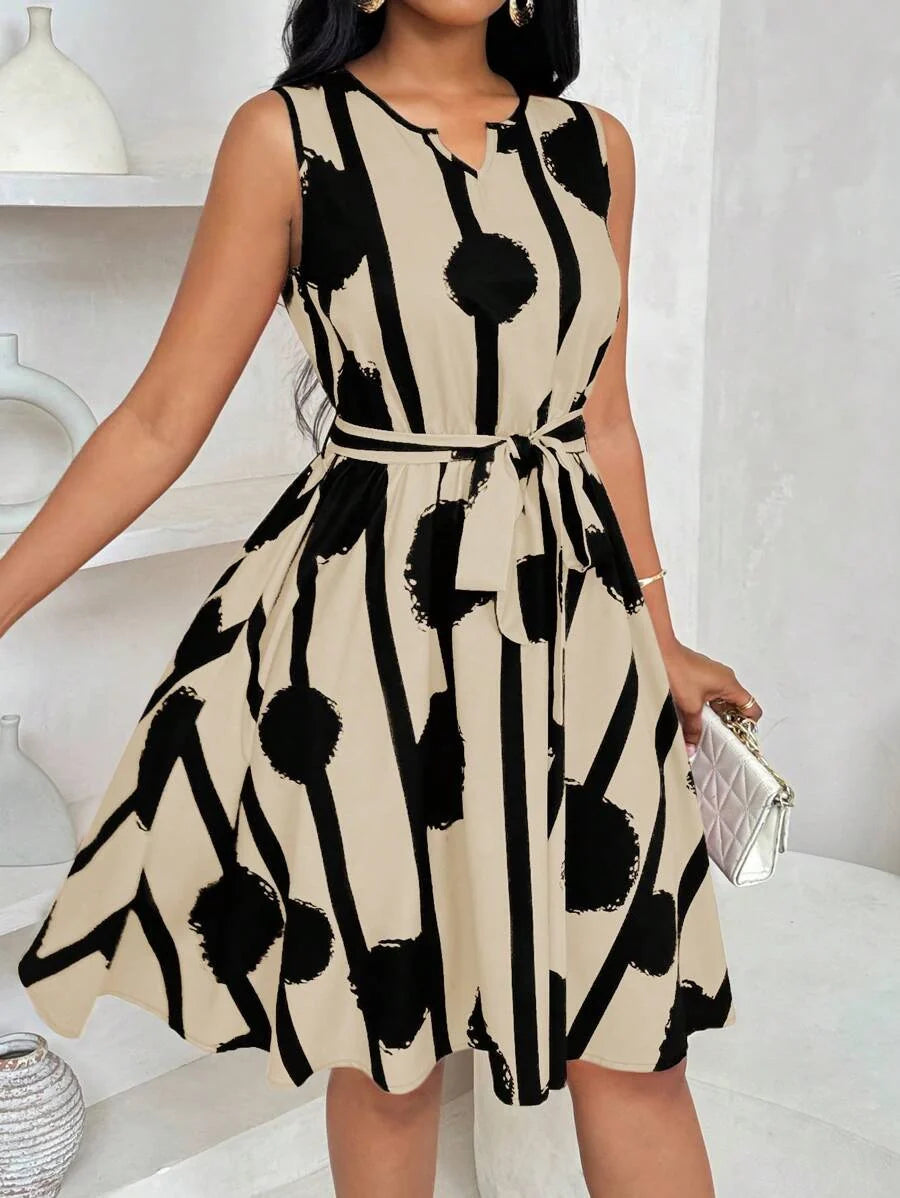 Vivienne | Elegancka Sukienka z Geometricznym Wzorem i Wiązaniem w Talii