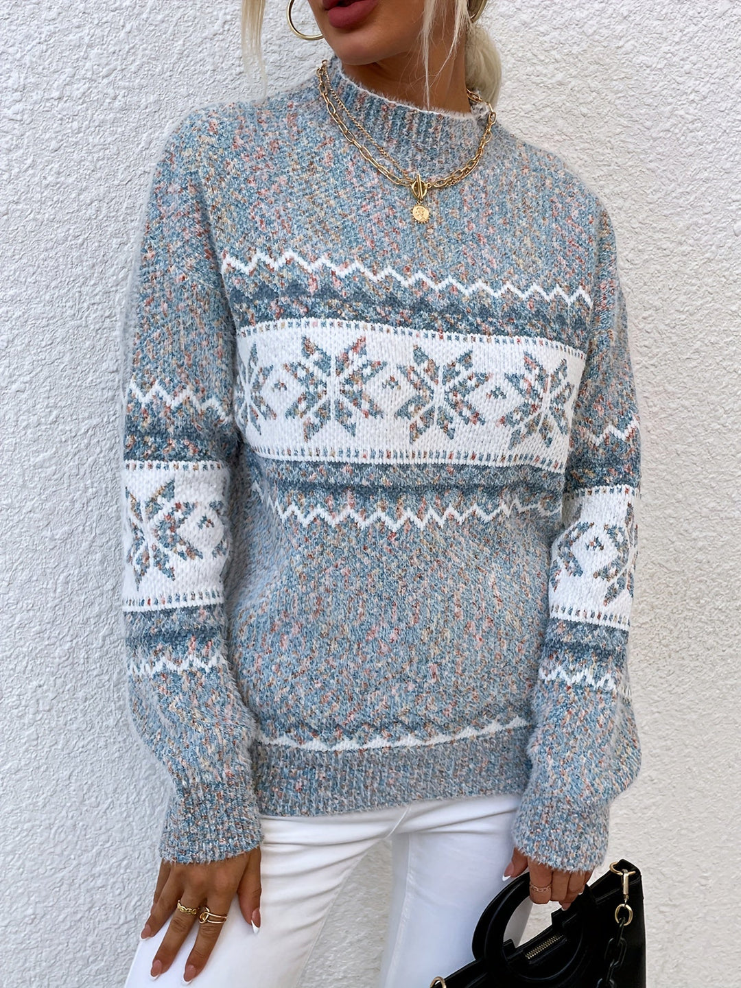 Tamsin | Przytulny Sweter z Kołnierzem Mock-Neck w Wzór Śnieżynki