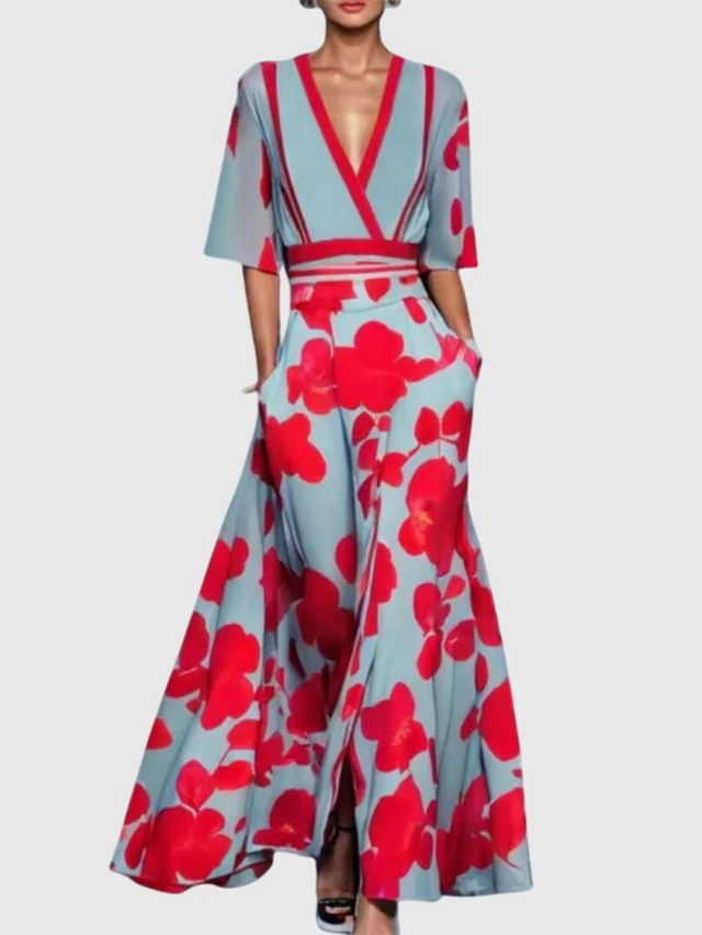 Candice | Elegancka Kwiatowa Sukienka Wiosenna z Dekoltem w Szpic