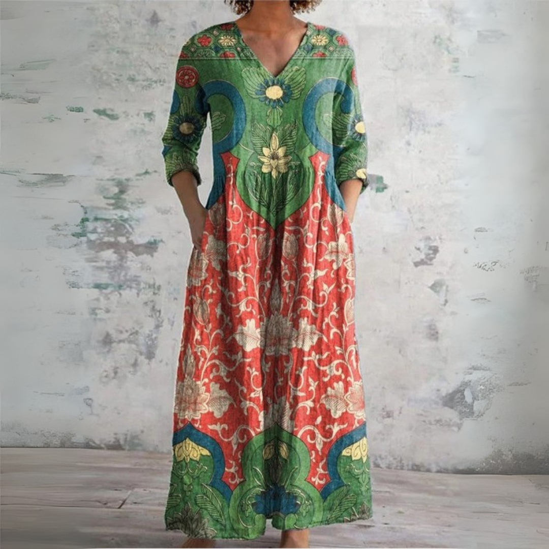Judith | Vintage Kwiatowa Sukienka Maxi z Rękawem 3/4