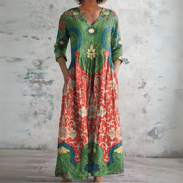 Judith | Vintage Kwiatowa Sukienka Maxi z Rękawem 3/4