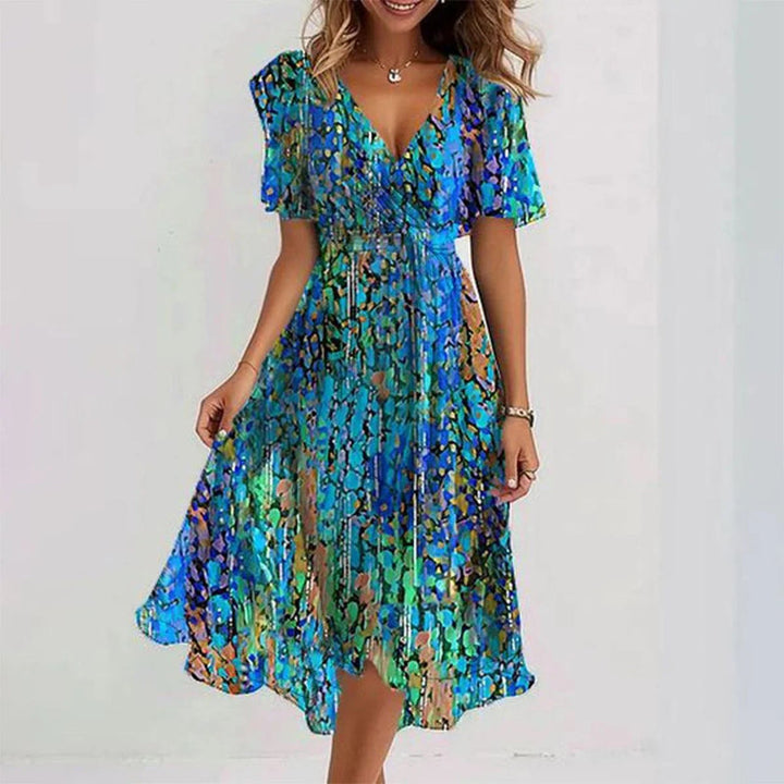 Naomie | Elegancka Sukienka z Krótkim Rękawem w Print
