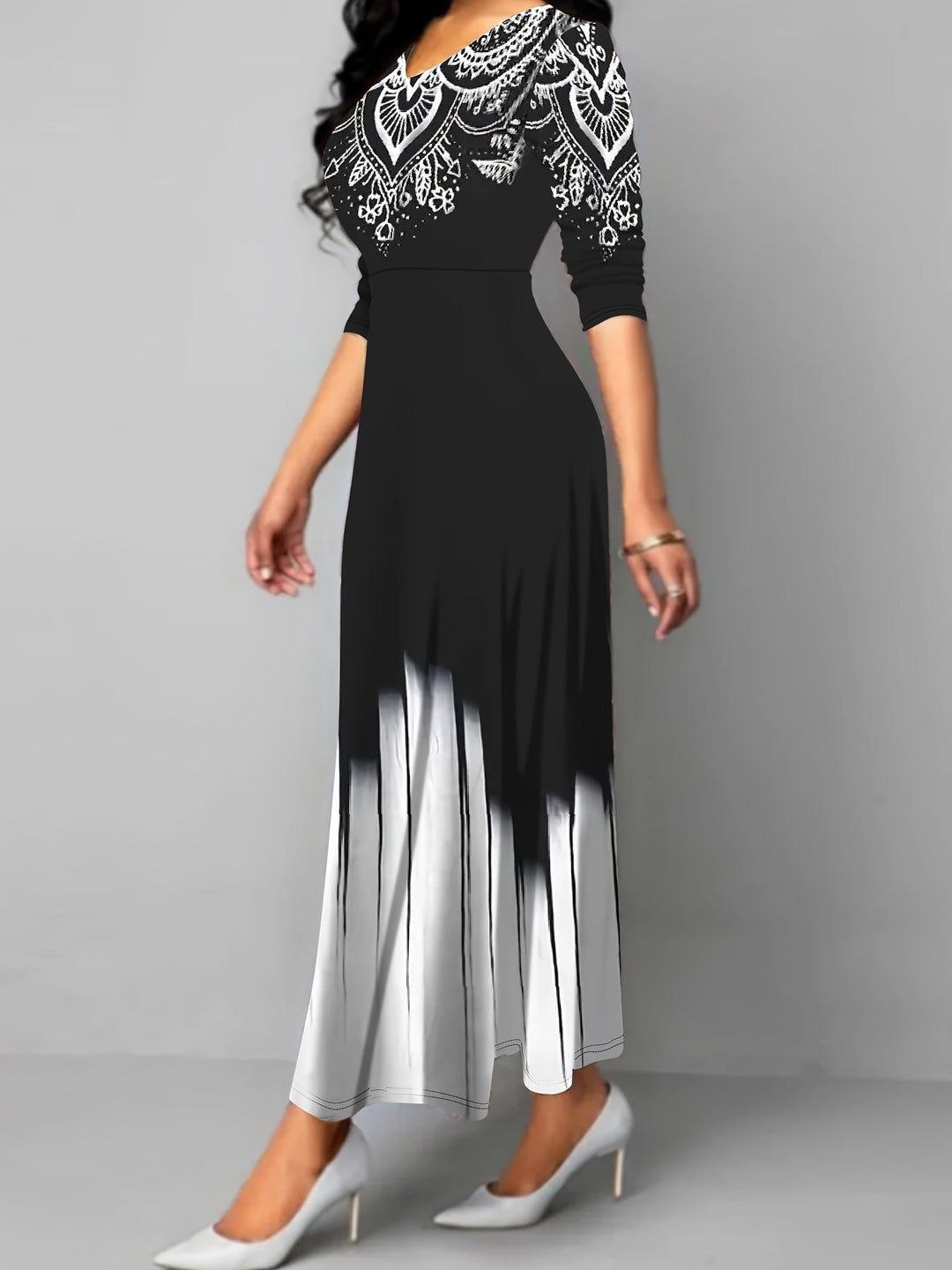 Nadia | Ornamental Print Flared Maxi Dress