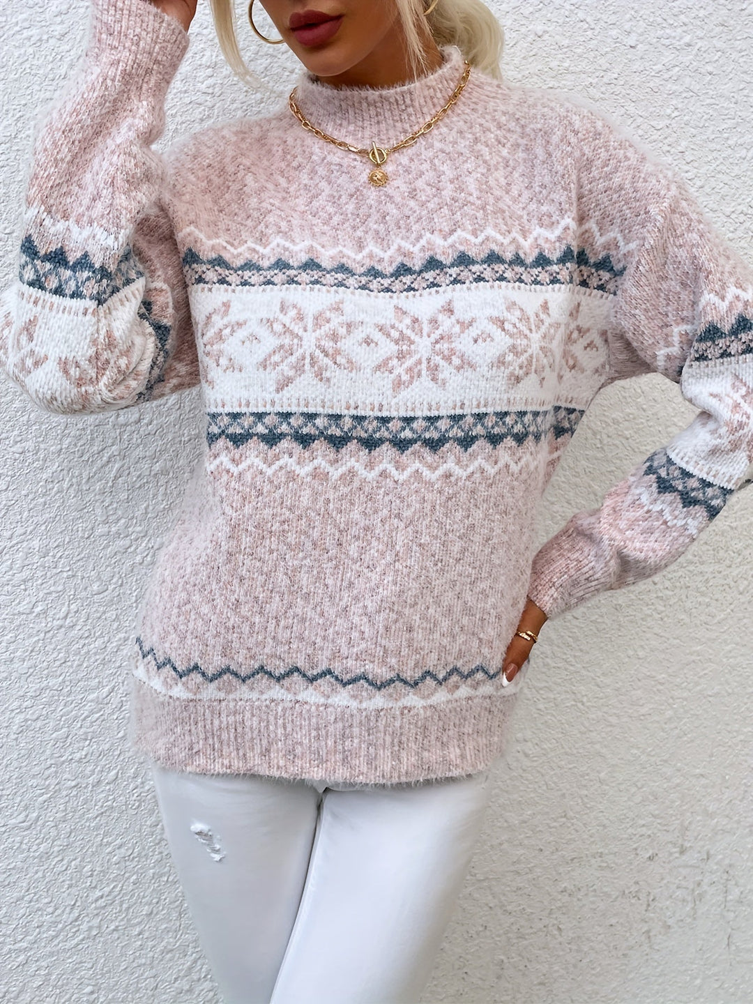 Tamsin | Przytulny Sweter z Kołnierzem Mock-Neck w Wzór Śnieżynki