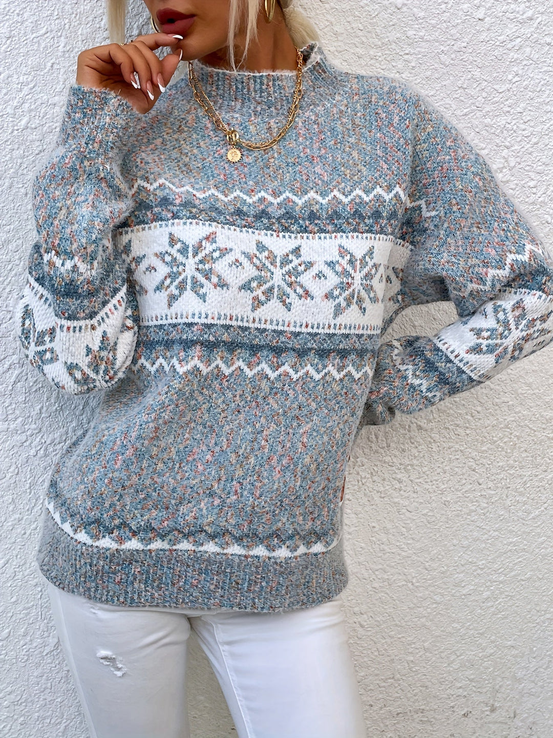 Tamsin | Przytulny Sweter z Kołnierzem Mock-Neck w Wzór Śnieżynki