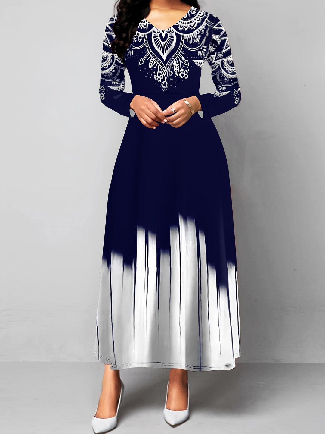 Nadia | Ornamental Print Flared Maxi Dress