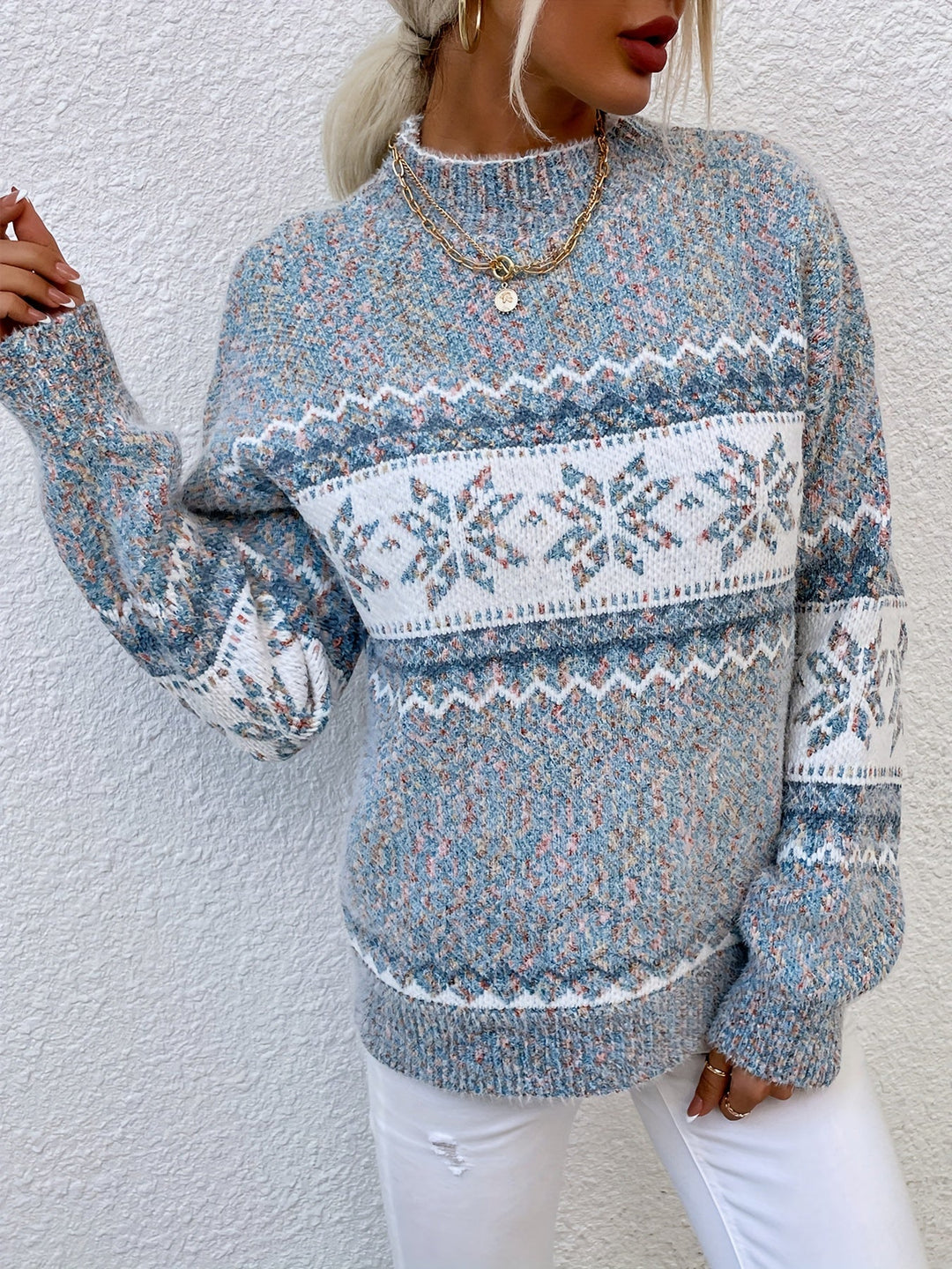 Tamsin | Przytulny Sweter z Kołnierzem Mock-Neck w Wzór Śnieżynki