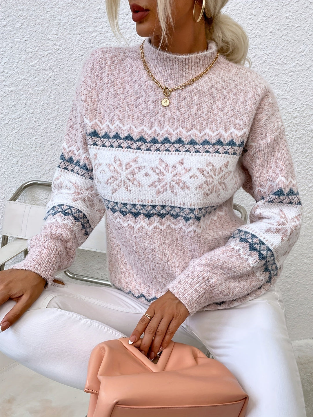 Tamsin | Przytulny Sweter z Kołnierzem Mock-Neck w Wzór Śnieżynki