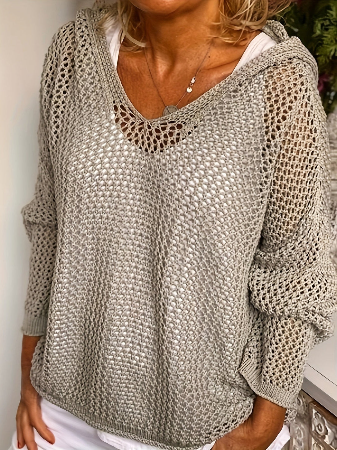 Delaney | Luźny sweter z otwartym splotem i kapturem