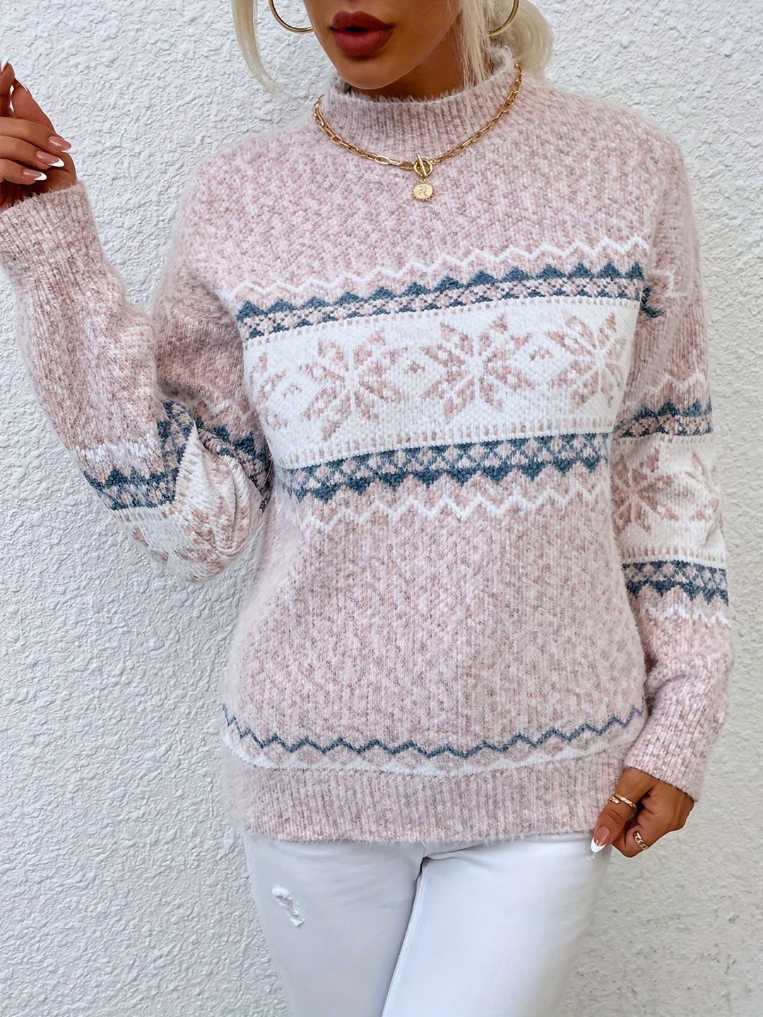 Tamsin | Przytulny Sweter z Kołnierzem Mock-Neck w Wzór Śnieżynki