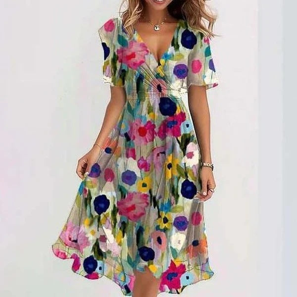 Naomie | Elegancka Sukienka z Krótkim Rękawem w Print