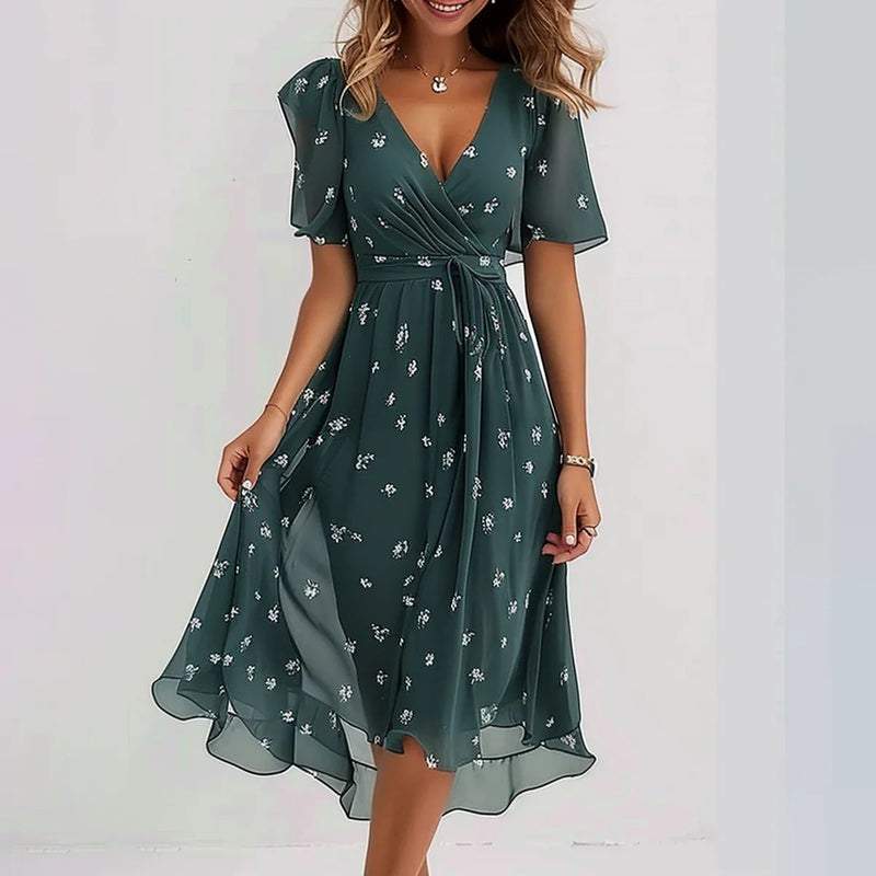 Naomie | Elegancka Sukienka z Krótkim Rękawem w Print