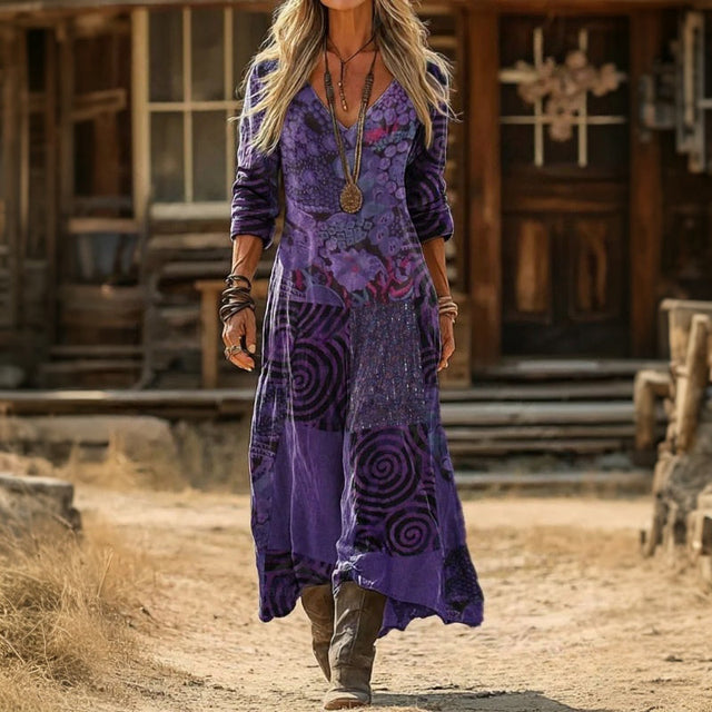 Romy | Vintage Patch Długa Sukienka z Długim Rękawem