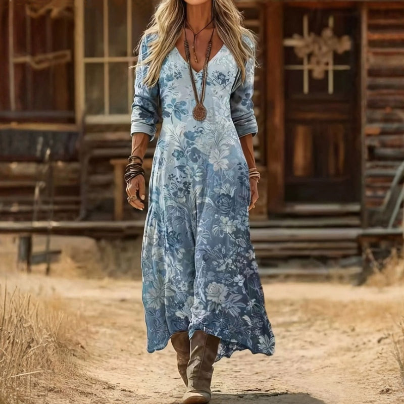 Eliza | Sukienka w Kwiaty z Długim Rękawem w Stylu Vintage