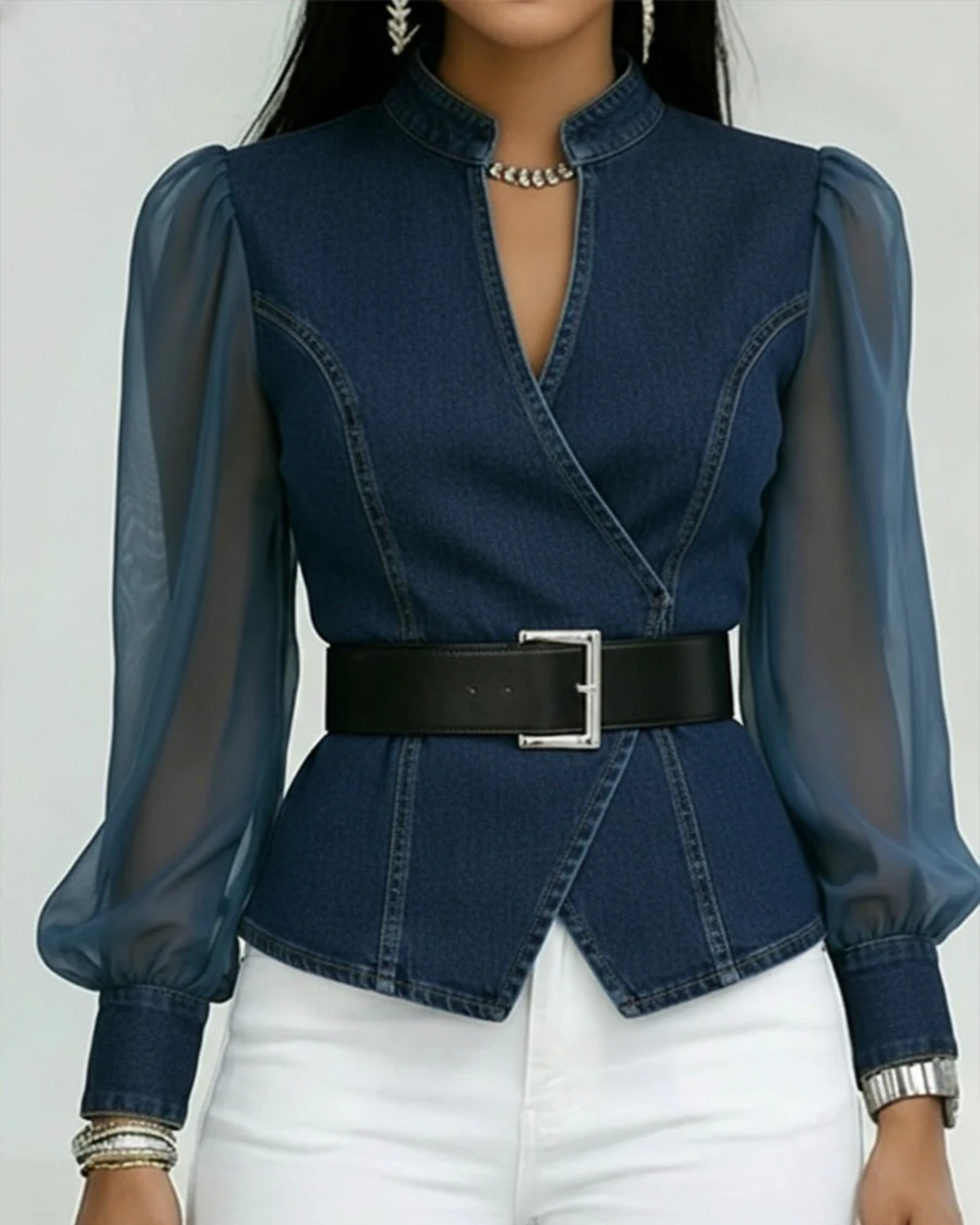 Lucille | Bluzka Peplum z Przezroczystymi Rękawami i Paskiem