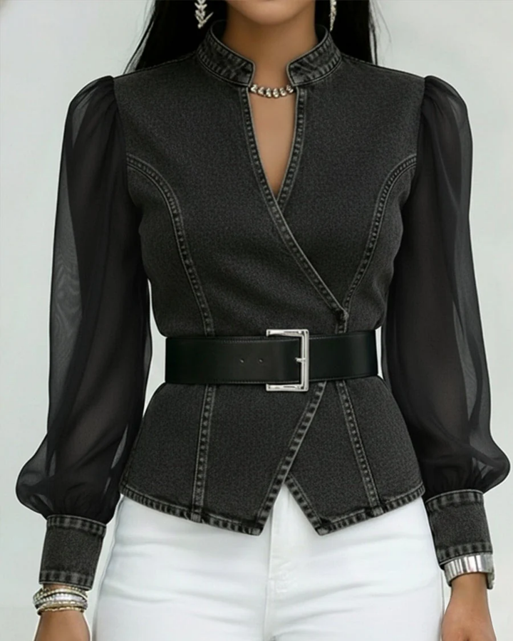 Lucille | Bluzka Peplum z Przezroczystymi Rękawami i Paskiem