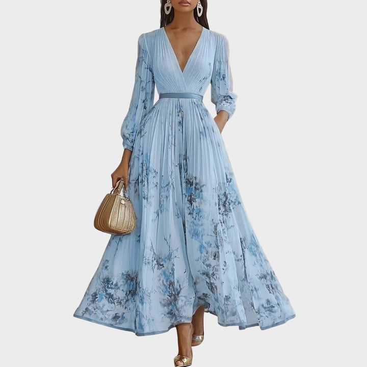 Alexia | Elegancka Maxi Sukienka z Plisowaniem i Dekoltem w Serek