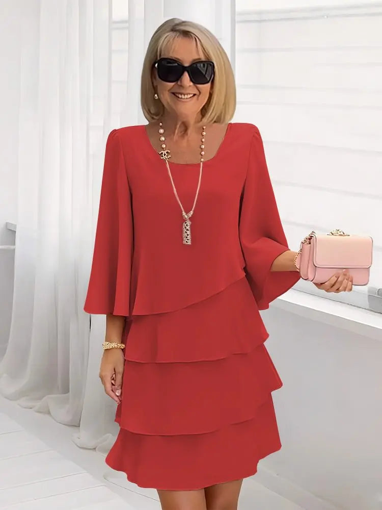Catherine | Elegancka Sukienka z Falbanami o Średnich Rękawach
