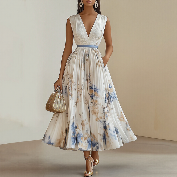 Alexia | Elegancka Maxi Sukienka z Plisowaniem i Dekoltem w Serek