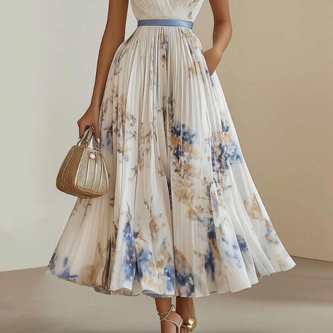 Alexia | Elegancka Maxi Sukienka z Plisowaniem i Dekoltem w Serek