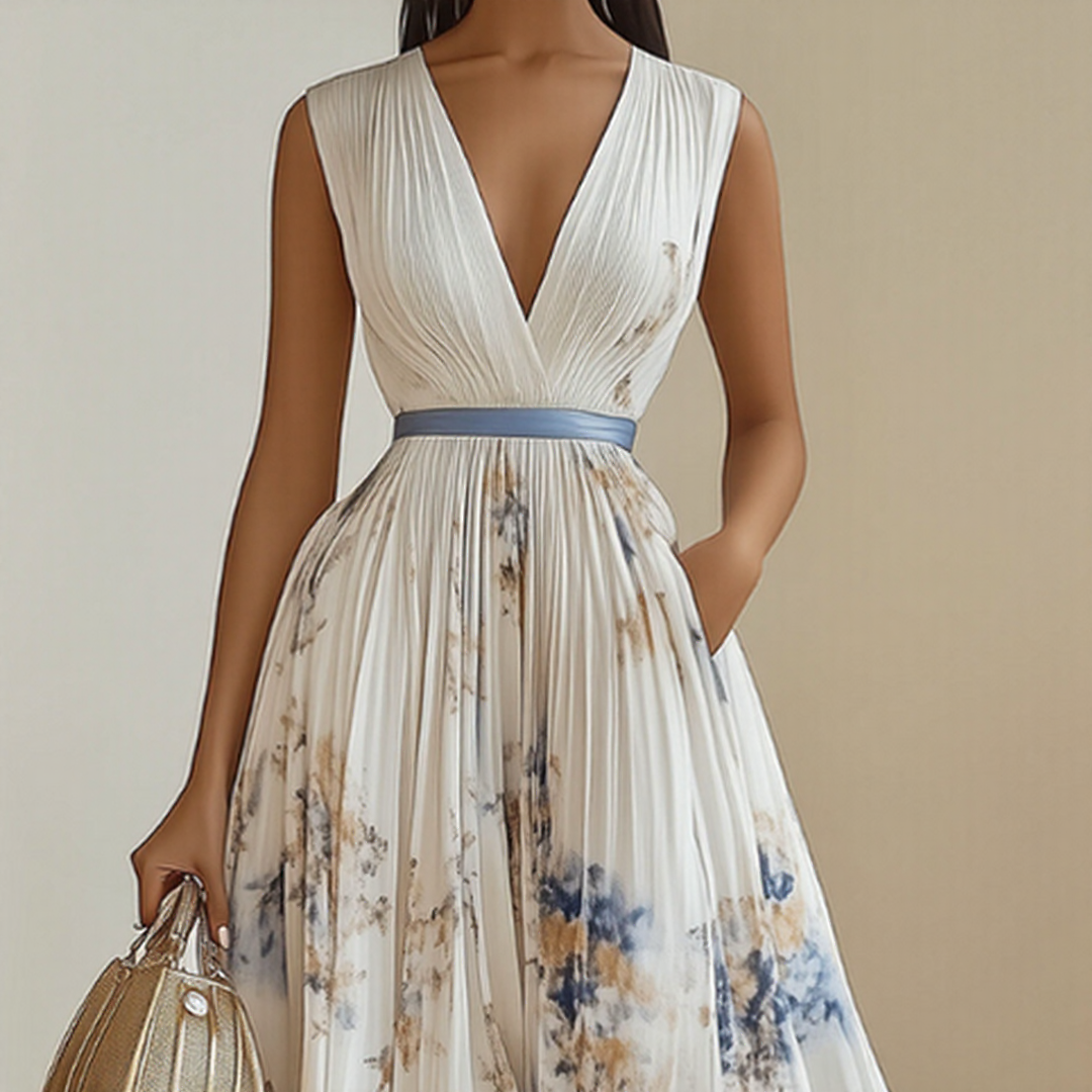 Alexia | Elegancka Maxi Sukienka z Plisowaniem i Dekoltem w Serek