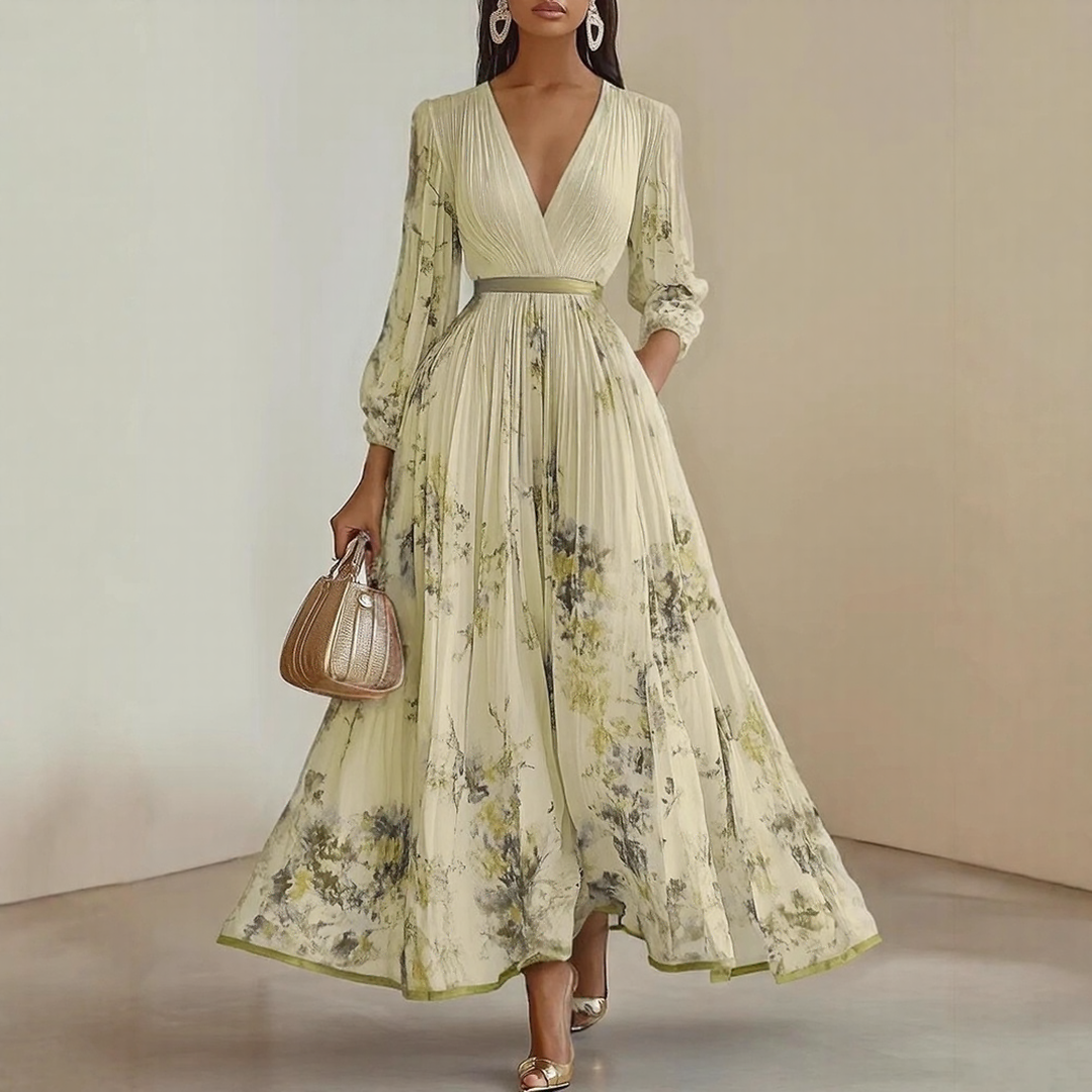 Alexia | Elegancka Maxi Sukienka z Plisowaniem i Dekoltem w Serek