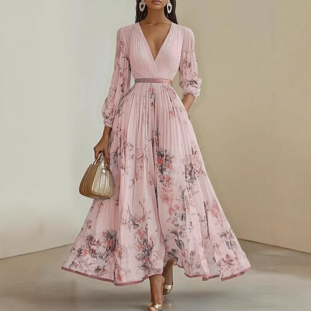 Alexia | Elegancka Maxi Sukienka z Plisowaniem i Dekoltem w Serek
