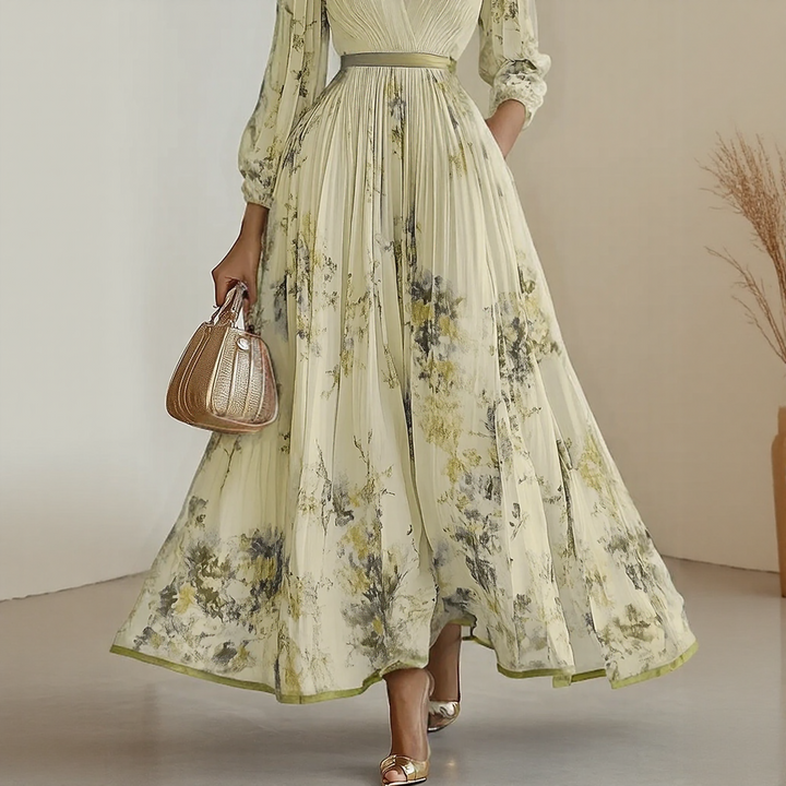 Alexia | Elegancka Maxi Sukienka z Plisowaniem i Dekoltem w Serek