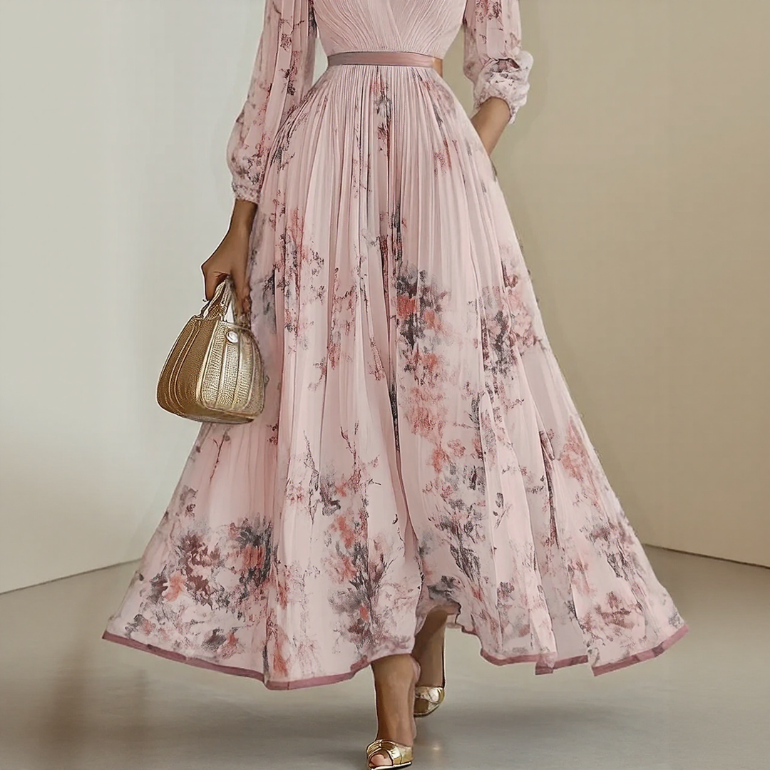 Alexia | Elegancka Maxi Sukienka z Plisowaniem i Dekoltem w Serek