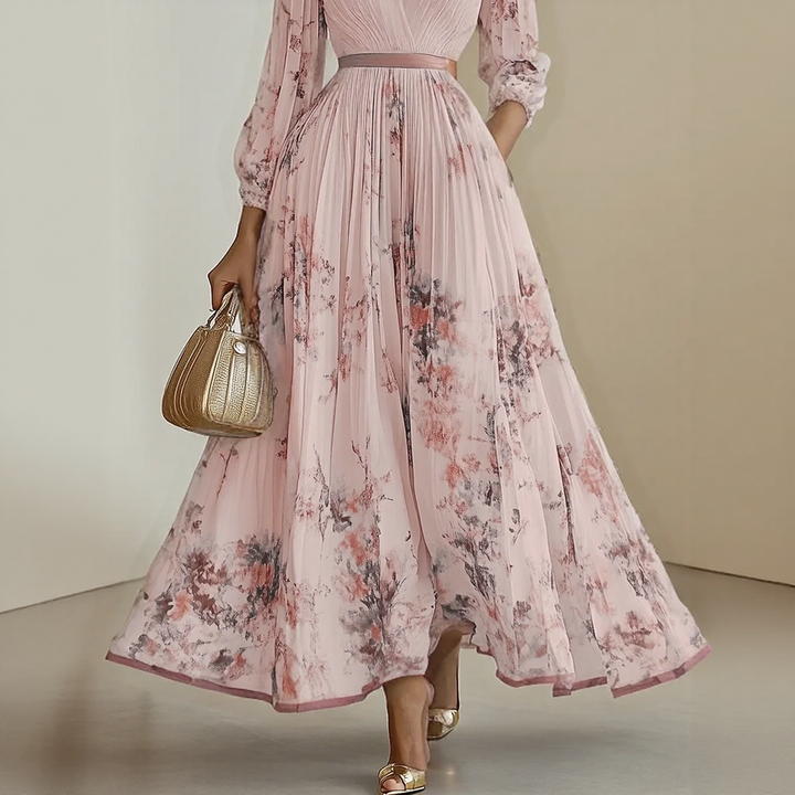 Alexia | Elegancka Maxi Sukienka z Plisowaniem i Dekoltem w Serek