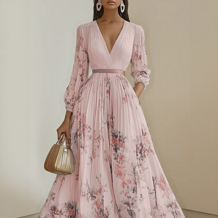 Alexia | Elegancka Maxi Sukienka z Plisowaniem i Dekoltem w Serek