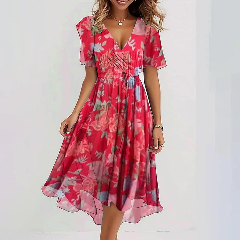 Naomie | Elegancka Sukienka z Krótkim Rękawem w Print