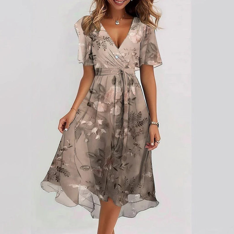 Naomie | Elegancka Sukienka z Krótkim Rękawem w Print