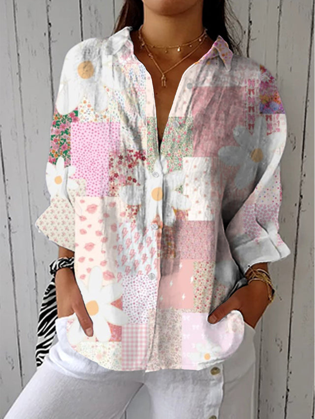 Cheryl | Stylowa Bluzka z Guzikami w Stylu Patchwork