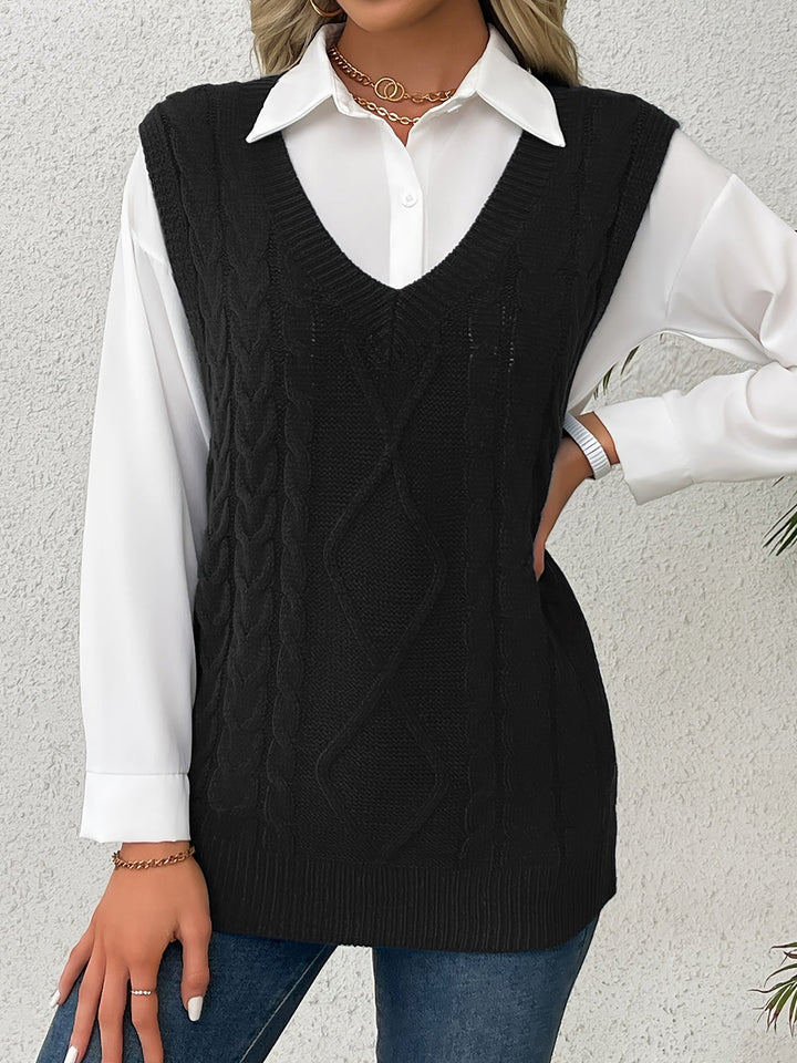 Cora | Przytulny Kamizelka Sweter w Warkocze z Dekoltem w Serek