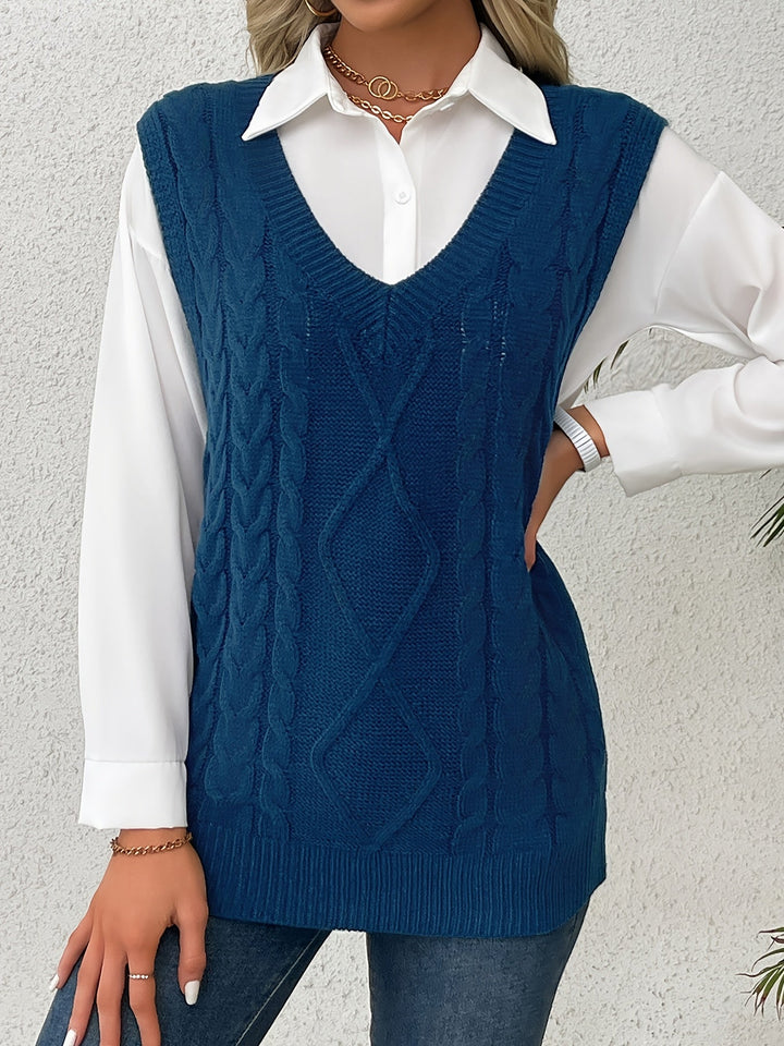 Cora | Przytulny Kamizelka Sweter w Warkocze z Dekoltem w Serek