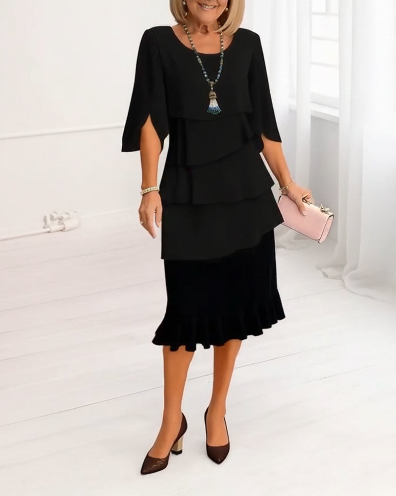 Patricia | Elegancka Sukienka z Rękawami do Łokci z Falbanami
