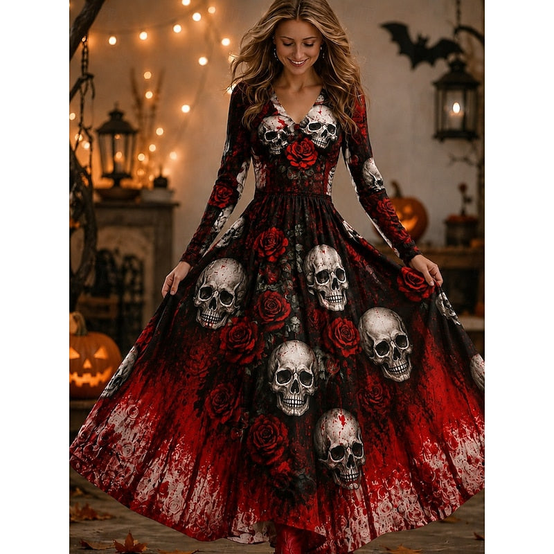 Seraphina | Sukienka Maxi z Wzorem Czaszki na Halloween