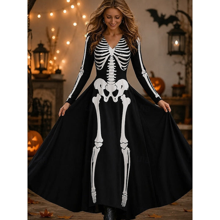Seraphina | Sukienka Maxi z Wzorem Czaszki na Halloween