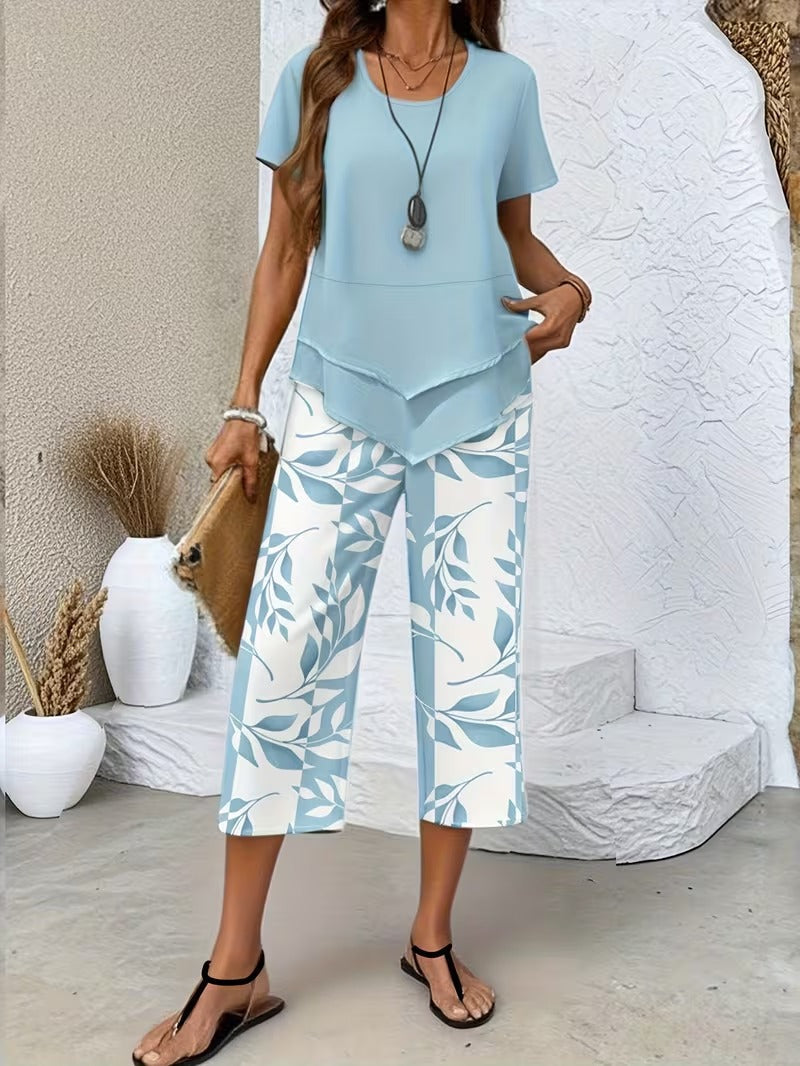 Lato | Casual Komplet z Liściastym Wzorem
