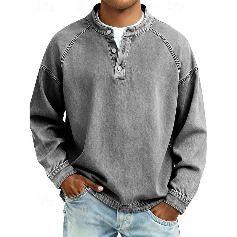 Trent | Vintage Pranażony Henley z Kołnierzem Stojącym