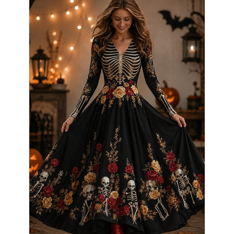 Seraphina | Sukienka Maxi z Wzorem Czaszki na Halloween